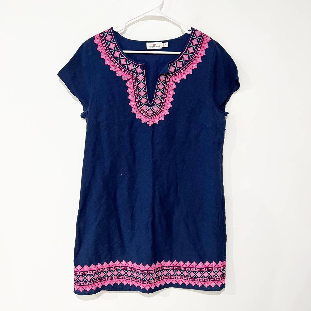 Vineyard Vines Embroidered Eyelet Navy & Pink Cotton Linen Shift Dress size 12